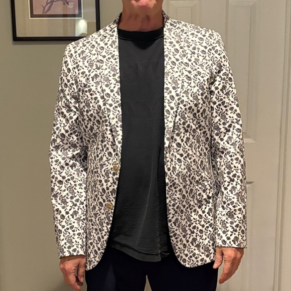 J FERRER Blazer Slim Floral Black Rose Print Crisp White Preppy Blazer 40